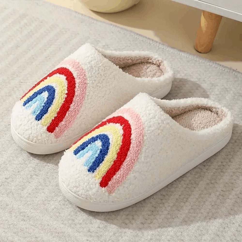 Rainbow Fuzzy Smiley Face Slippers Size 6.5/7